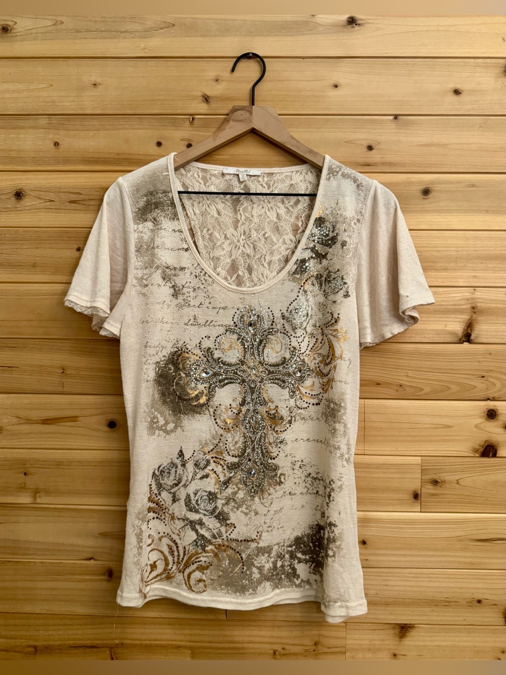 Y2K Vintage Miss Me Large Cross Bedazzled Graphic Shirt Lace McBling Western